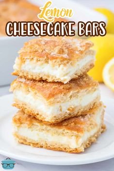 lemon cheesecake bars stacked on top of each other with the text overlay reading lemon cheesecake bars