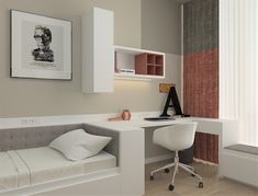 a white desk and chair in a small room