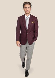 Stand out in style with our custom-made Deep Burgundy Birdseye Jacket. Bold and sharp, this one-of-a-kind piece makes a statement like no other. Cut from pure merino wool, it's the perfect blend of unique and luxurious. This jacket is a must-have for those who love to stand out from the crowd. Suit Guide, Vest And Tie, Linen Suits, Tuxedo Shirts, Tuxedo Suit, Cotton Blazer, Cotton Chinos, Deep Burgundy, Cotton Suits