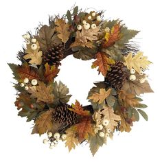 a wreath with leaves, berries and pine cones