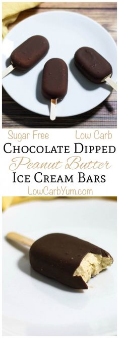 chocolate dipped peanut butter ice cream bars on a white plate with the text, sugar free low carb chocolate dipped peanut butter ice cream bars