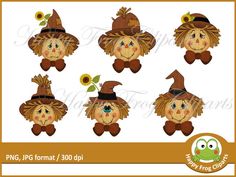 pumpkins with hats and sunflowers on their heads are set in different poses