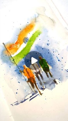 watercolor painting of two skiers in front of an orange, green and blue flag