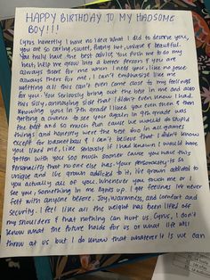 a handwritten birthday letter to my handsome husband from his mother, who is also missing her son