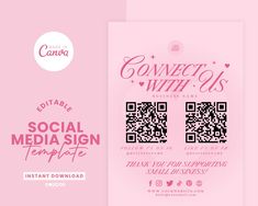 a pink flyer with qr code for social media design templates on the front and back