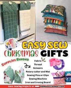 an advertisement for easy sew christmas gifts featuring quilts, pillows and other sewing projects