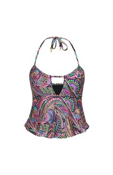 The Disco Dream foil print brings the party with its vibrant paisley pattern, swirling in shades of bright violet, pink, green, and black. This midkini top features adjustable spaghetti straps, pom-pom trim, and a flirty keyhole front. Gold lantern charms complete the look. [split] Details Midkini top Pom-pom trim Removable cups Adjustable straps Neck tie w/ gold lantern charms Coordinates with black, bright violet & seaglass Fabric 83% Nylon, 17% Lycra Elastane Multicolor Halter Neck Tankini For Swimming, Printed Halter Neck Swimwear For Party, Multicolor Halter Neck Tankini For Beachwear, Pink Swimwear With Adjustable Straps For Party, Multicolor Triangle Halter Top For Party, Multicolor Tankini With Adjustable Straps For Swimming, Multicolor Fitted Halter Neck Tankini, Fitted Multicolor Halter Neck Tankini, Purple Sleeveless Swimwear With Adjustable Straps