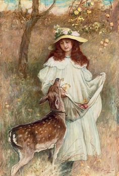 a painting of a girl with a deer