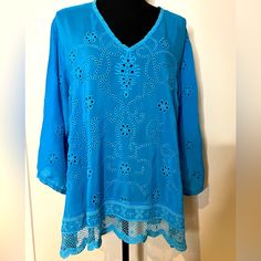 Never Worn Johnny Was Blouse Size Large Beautiful Detail Great For Layering 23” Flat Pit To Pit 20” Long From Neck Top Sheer Johnny Was Bright Blue Detail Embroidered Long Sleeve Summer Tops With Cutwork Hem, Summer Long Sleeve Tops With Cutwork Hem, Spring Beach Embroidered Blue Top, Spring Blue Embroidered Top For Beach, Blue Embroidered Top For Spring Beach Occasion, Blue V-neck Embroidered Top For Beach, Spring Tunic Blouse With Chikankari Embroidery, Traditional Blue Tunic For Spring, Embroidered Long Sleeve Blue Tunic