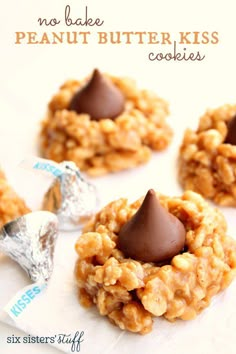 no bake peanut butter kiss cookies with chocolate on top