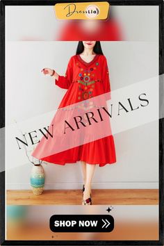 Women Dress Midi Linen Ethnic Floral Embroidery Tunic Beach Boho Holiday Hippie Folk Style Long Boho Dress For Spring, Long Folk Boho Dress For Spring, Long Boho Folk Dress For Spring, Spring Folk Long Boho Dress, Folk Style Long Boho Spring Dress, Red Summer Dress With Resham Embroidery, Festive Red Bohemian Embroidered Dress, Festive Bohemian Embroidered Red Dress, Red Bohemian Embroidered Dress With Floral Details