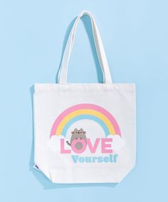 Take this handy Pusheen Rainbow Tote Bag with you everywhere! This adorable cream-colored canvas tote gives you plenty of space to fit all your shopping while the "Love Yourself" graphic on the front is a great reminder for you throughout the day. Size 14"x 13" (not including handles). Material: Canvas. Cute Canvas Shopping Bag, Pusheen Shop, Pusheen Cute, Painted Bags, Birthday Stuff, Product Ideas, Japan Food, Pusheen, 8th Birthday