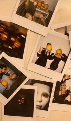 several polaroid pictures of people with pumpkins