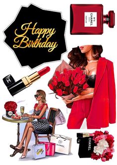 a woman sitting at a table in front of a bottle of lipstick and flowers with the words happy birthday written on it