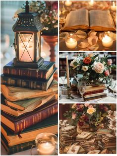 a collage of photos with books and candles