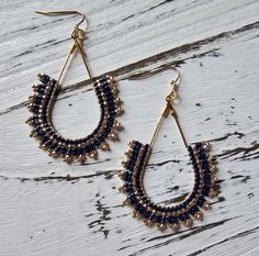 Handmade with miyuki delica seed beads woven around a tear drop gold earring finding. Gold Teardrop Beaded Earrings With Tiny Beads, Bohemian Gold Beaded Teardrop Earrings, Seed Bead Earring, Bead Earring, Bead Stitching, Beaded Hoops, Navy Gold, Seed Bead Earrings, Earring Findings