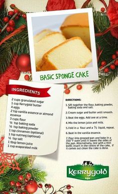 a recipe for basic sponge cake with instructions on the side, surrounded by holly and poinsettis