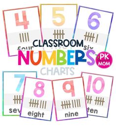 the number chart for classroom numbers is shown in multicolored letters and numbers on them