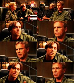 several pictures of the same man in green uniform sitting at a table and talking to each other