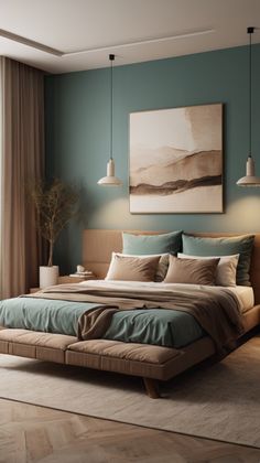 a large bed sitting in a bedroom on top of a hard wood floor next to a window