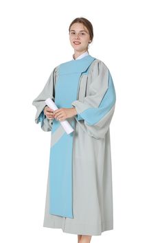 a woman wearing a graduation gown and holding a diploma in one hand while standing on a white background