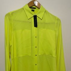 Nwt Theory Ladies Button Now Shirt , Size S/P! Yellow Workwear Tops With Button Cuffs, Yellow Tops With Button Cuffs For Work, Yellow Button-up Blouse For Work, Yellow Button Closure Top For Work, Yellow Tops With Button Closure For Work, Yellow Shirt For Work, Yellow Shirt With Button Closure For Work, Ladies Blouse, Neon Green