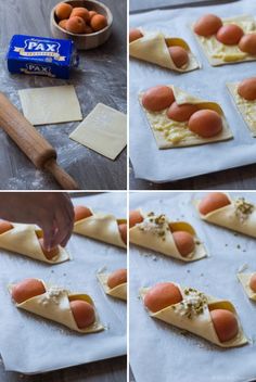 four pictures showing how to make an appetizer with eggs and cheese on it