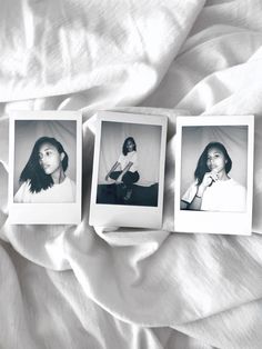 three black and white photographs of women sitting on a bed