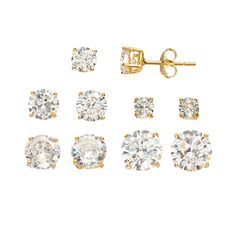 Featuring five different sizes of cubic zirconia stones, this stud earring set is sure to provide the perfect pair for any ensemble.SET DETAILS Includes: 5 pairs of earrings Diameters: 4 mm, 5 mm, 6 mm, 7 mm, 8 mm Backings: post Metal: 14k gold over sterling silver CUBIC ZIRCONIA DETAILS Shape: round Setting: prong  Size: One Size. Color: White. Gender: female. Age Group: adult. Cubic Zirconia Earrings, Earrings White, Zirconia Earrings, Earrings Stud, Stud Earrings Set, Earring Backs, Stud Earring, Silver Earrings Studs, Silver Studs