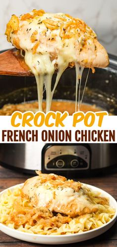 the crock pot french onion chicken is being lifted out of the slow cooker