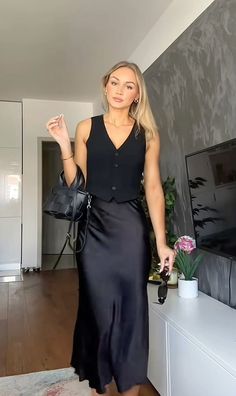 Classy Hairstylist Outfits, Blazer And Satin Skirt, Alluring Outfits, Black Long Satin Skirt Outfit, Long Black Satin Skirt Outfit Casual, Satin Skirt Outfit Wedding Guest, Modest Satin Skirt Outfit, Satin Slip Skirt Outfit Summer, Black Silk Skirt Outfit Dressy