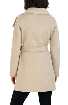 Stay warm this season with this wool coat featuring a wide collar and front tie closure for a stylish appearance. Wide collar Long sleeves Open front 52% wool, 42% polyester, 3% nylon, 3% rayon; other shell: 100% polyester Dry clean Imported Model stats: 5'10", 32" bust, 25" waist, 36" hip. Model is wearing size S. Fitted Beige Pea Coat For Winter, Fitted Beige Winter Outerwear, Fitted Beige Outerwear For Cold Weather, Fitted Beige Pea Coat For Fall, Wool Blend Coat, Wool Coat, Stay Warm, Wool Blend, Trench Coat