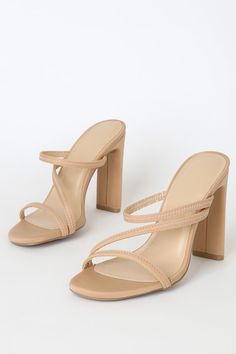 Cute Natural Heels - Peep-Toe Heels - Strappy Beige Heels Beige Fitted High Heel Sandals, Trendy Beige Sandals With 4-inch Heel, Beige T-strap Sandals With Open Heel, Beige Open Toe Sandals With 4-inch Heel, Beige High Heel Sandals With 4-inch Heel, Heels Strappy, Navy Blue Mini Dress, Pretty Heels, Strappy Pumps