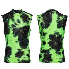 1. Made of tie-dyed fabric.  2. The shoulder is decorated with rivet webbing, which adds a cool feeling.  3. A fitted sleeveless tank top silhouette.  The price is for a top only, others are not included.   	 		 			Garment Size 			S-M 			L-XL 			2XL-3XL 		 		 			Full Length 			67 			69 			71 		 		 			Bust 			97 			107 			117 		 		 			Waist 			91 			101 			111 		 		 			Shoulders 			45 			48 			51 		 		 			Hem 			103 			113 			123 		 	      	 		 			Body Size 			S-M 			L-XL 			2XL-3XL 		 		 			Heig Summer Punk Style Vest Top, Stretch Edgy Vest For Summer, Summer Punk Style Festival Tops, Green Fitted Edgy Tops, Green Sleeveless Top For Festival, Tie Dye Sleeveless Festival Tops, Tie Dye Stretch Sleeveless Tops, Tie Dye Sleeveless Top For Festivals, Stretch Tie Dye Sleeveless Tops