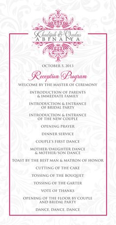 the wedding program is shown in pink and white with red trimmings on it