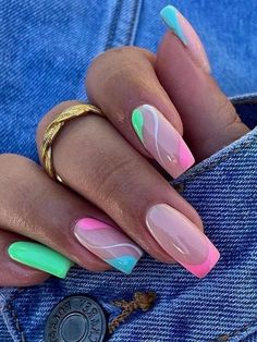 mint green and pink negative space nails Neon Holiday Nails Summer, Neon Vacation Outfits, Nail Ideas Neon, Bright Nails For Summer The Beach, Summer Nails Green Neon, Pink And Green Neon Nails, Summer Nails Beach Vacations, Ibiza Nails Summer, Summer Nails Green