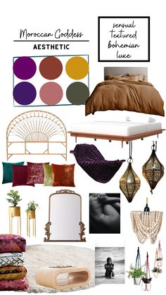 an assortment of furniture and decor items with the words moroccan goddess aesthetic on them in black,