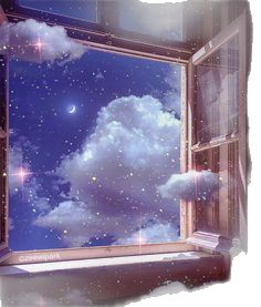 an open window looking at the sky and stars in the sky with clouds below it