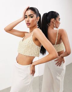 ASOS EDITION cami v neck embellished pearl crop top in cream | ASOS Glamorous Stretch Embellished Crop Top, Embellished Fitted Sleeveless Crop Top, Beaded V-neck Top For Festivals, Sleeveless Beaded Fitted Crop Top, Summer V-neck Beaded Top, Pearl Crop Top, Cream Style, Drop Top, Body Fit