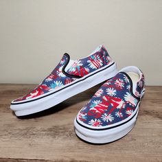 Vans Floral Classic Slip On Blue Red Sneakers Womens Shoes Size 7.5 Brand New No Box We Always Carefully Package And Box Ship Asap. Pair In Photos Is The Exact Pair You Are Purchasing (Ap) Red Low-top Sneakers For Summer, Vans Summer Sneakers With Rubber Sole, Vans Summer Sneakers, Vans Sneakers With Rubber Sole For Summer, Vans Low-top Sneakers For Summer, Red Vans Slip-on Sneakers, Vans Cushioned Sneakers For Summer, Vans Sneakers With Cushioned Footbed For Summer, Casual Slip-on Skate Shoes With Red Sole