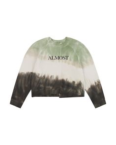 Cropped deconstructed sweatshirt with a round neck and an oversized fit. It has a textured, inside-out finish in unbrushed cotton, with a khaki tie dye print, the word 'Almost' is printed on the chest. Deconstructed Sweatshirt, Yasmin Sewell, Sadies Dress, Luxury Essentials, Dye Sweatshirt, Shirt Design Inspiration, Teenage Fashion, Tie Dye Sweatshirt, Art Appreciation