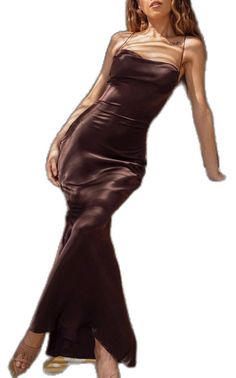 Elegant Brown Satin Maxi Dress, Brown Satin Maxi Dress For Evening, Formal Brown Satin Maxi Dress, Brown Satin Maxi Length Dress, Fitted Satin Maxi Dress For Dinner, Chic Brown Satin Maxi Dress, Chic Brown Dress For Dinner, Chic Brown Dinner Dress, Elegant Brown Maxi Dress For Night Out