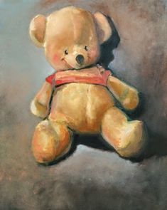 a pastel painting of a teddy bear with a red ribbon around it's neck