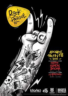 an advertisement for rock and roll festival with a drawing of a hand holding a guitar picker