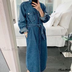 Olivia Mark - Vintage Collared Single-Breasted Relaxed Fit Casual Long Denim Jacket Spring Workwear Long Sleeve Denim Jacket, Spring Long Sleeve Denim Jacket For Workwear, Medium Wash Long Sleeve Denim Jacket For Work, Casual Belted Denim Outerwear, Casual Denim Belted Outerwear, Casual Belted Denim Jacket, Belted Long Sleeve Denim Jacket, Casual Belted Outerwear, Mark Vintage