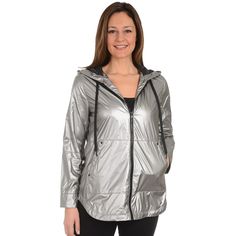 Give your outerwear collection a sporty makeover with this women's metallic jacket from Fleet Street. Attached hood Zip front Long sleeves Metallic finish Sateen construction 2-pocket FIT & SIZING 30-in. approximate length from shoulder to hem Designed to hit above the knees Lightweight FABRIC & CARE Polyester Spot clean Imported Size: Large. Color: Beig/Khaki. Gender: female. Age Group: adult. Cheap Winter Track Jacket With Ribbed Cuffs, Casual Hooded Metallic Outerwear, Casual Silver Hooded Outerwear, Sporty Silver Long Sleeve Outerwear, Casual Metallic Outerwear For Fall, Look Academia, Metallic Jacket, Fleet Street, Metal Fashion