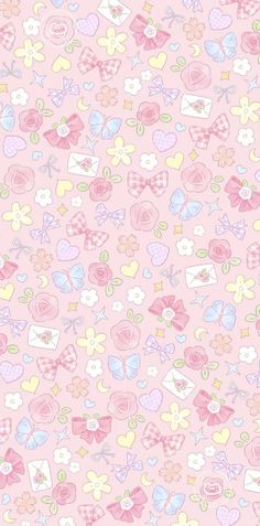 a pink background with hearts and bows on it