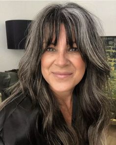 Grey Bangs Dark Hair, Grey Hair Bangs, Grey Bangs, Long Gray Hair With Bangs, Grey Blending, Grey Hair With Bangs, Girl Hair Drawing, Going Grey, Salt And Pepper Hair