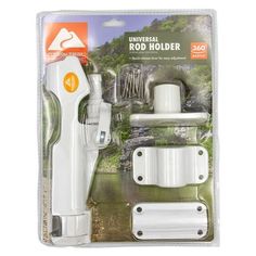 the universal rod holder is white and has two clips on each side, with an attached clip