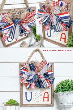 the patriotic bow is hanging on the wall next to a potted plant and a sign that says usa